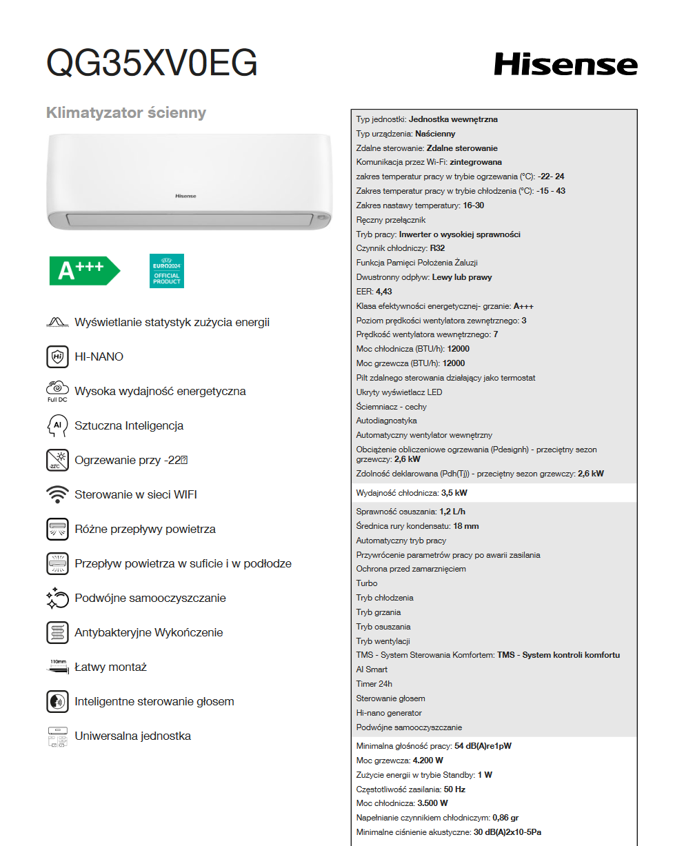 Klimatyzator Hisense Energy Pro parametry