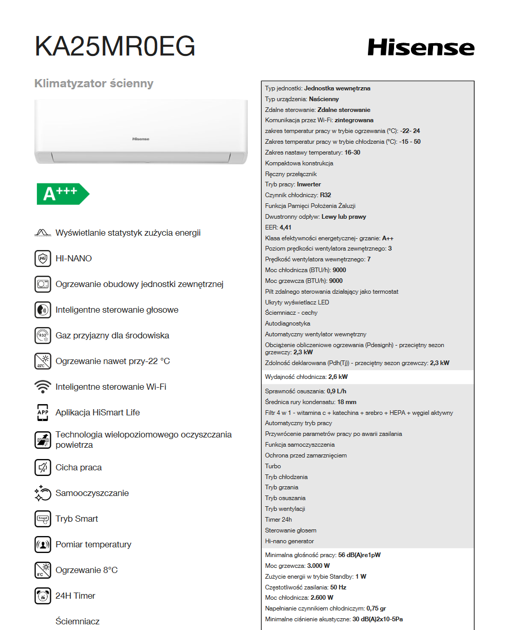 Klimatyzator Hisense Energy parametry