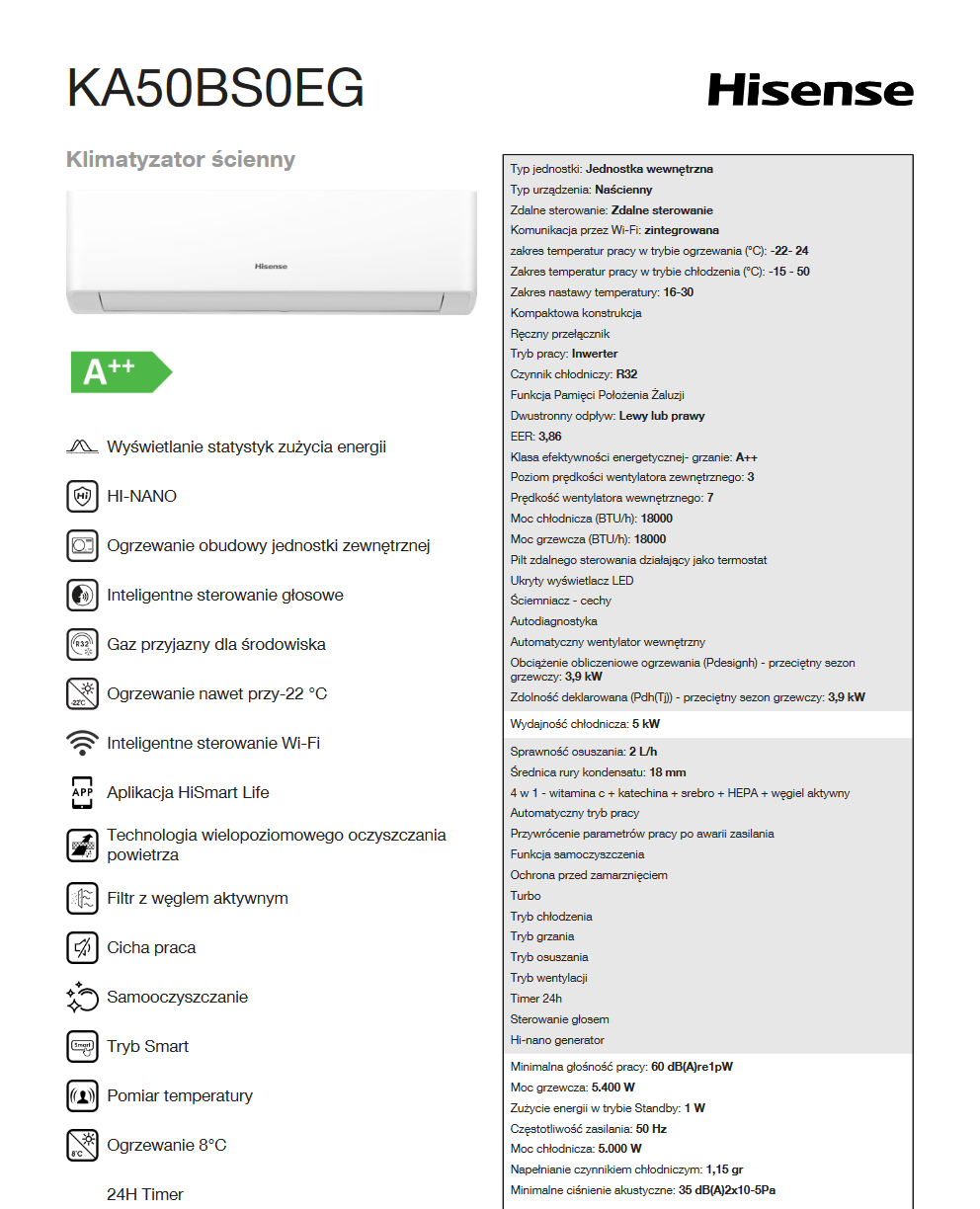 Klimatyzator Hisense Energy parametry